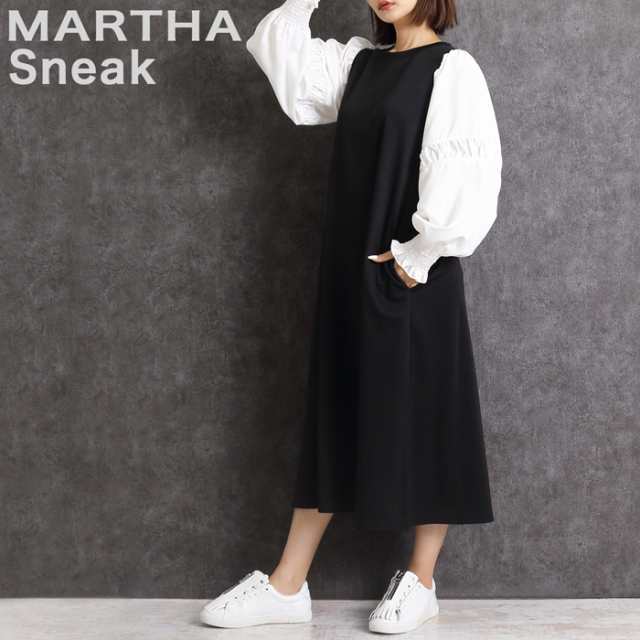 異素材袖 ワンピース レディース MARTHA マーサ きれいめ 異素材