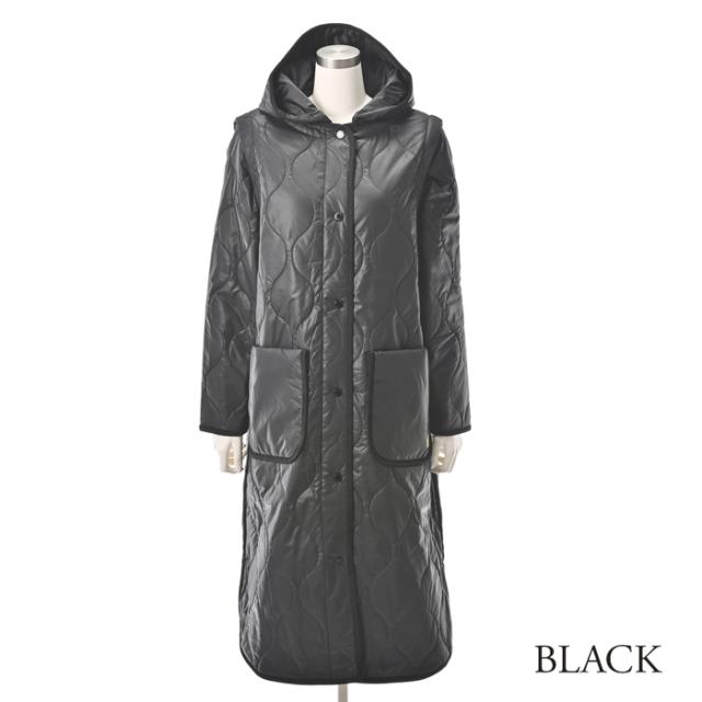 送料無料 コート レディース キルティング アウター 中綿 中わた 4WAY ワイドフィット 長袖 ロング丈 上着 羽織 ブラック カーキ ベージュ オレンジ  47260 送料無料 コート レディース キルティング アウター 中綿 中わた 4WAY
