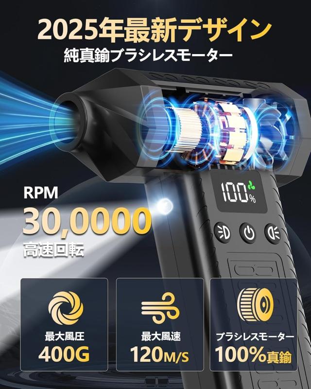 【Yahoo!ランキング1位入賞】風力120m/s 洗車 ブロワー 300000rpm電動エアダスター 小型ミニブロワー (ブラック)_1