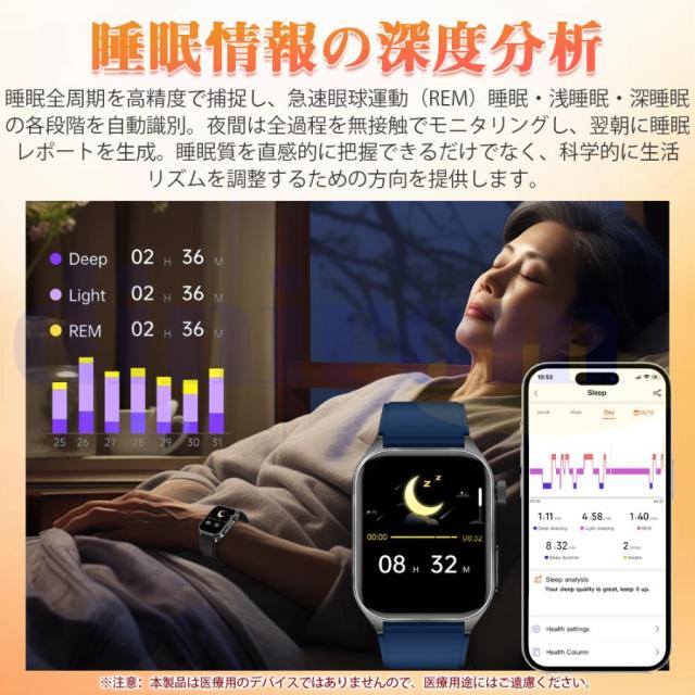 【OFF】スマートウォッチ 血糖値 650nmレーザー理学療法 ECG心電図 通話機能 体温 血圧 血中酸素 心拍数 AI質問応答 SOSモード 睡眠管理_14