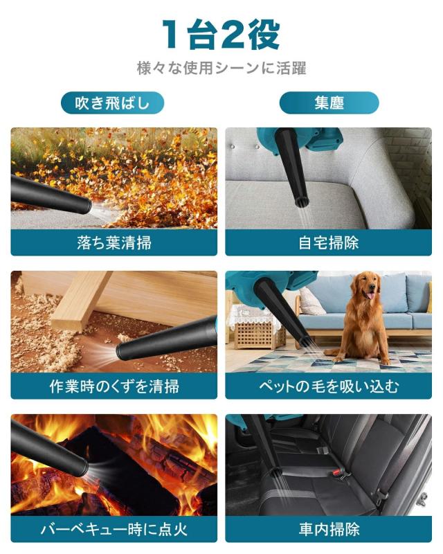 ブロワー 充電式 電動 コードレス ブロワー掃除機 小型 バッテリー2個搭載 充電器付き ブロワバキューム 吹き飛ばしと集塵1台2役 軽量 トリガー無段風量調整 洗車 園芸 落ち葉/ペットの毛 庭掃除 ブロアーセット 送風 清掃 集塵_6
