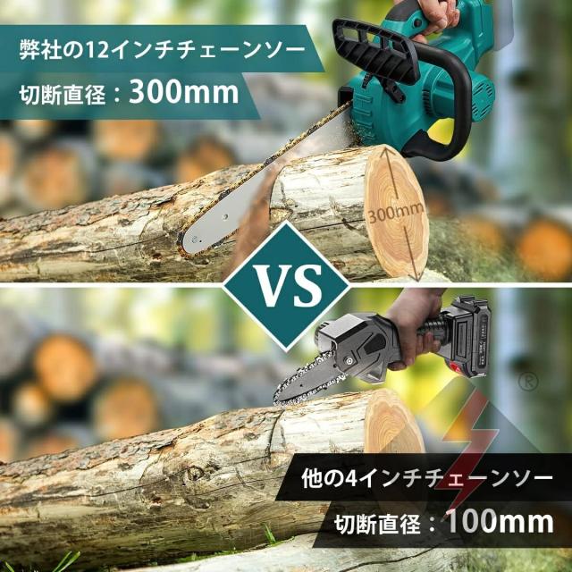 充電式チェーンソー 電動 12インチ コードレス ハンディ チェーンソー チェーンソー バッテリー対応 ガイドバー300mm 屋外のこぎり ブラシレスモーター 21Vバッテリー 自動給油 強力 木工切断 剪定ばさみ 枝切_3