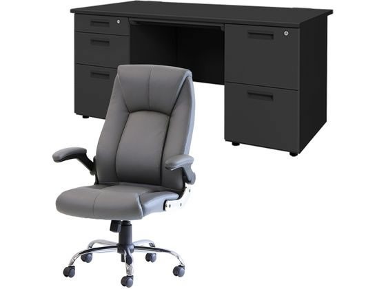 Netforce デスクチェアセット 両袖机W1400mm 天板 BK チェア GYの通販は 55,973円