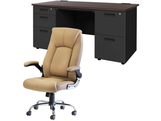 Netforce デスク チェアセット 両袖机 W1400 DBR BK チェア CAの通販は