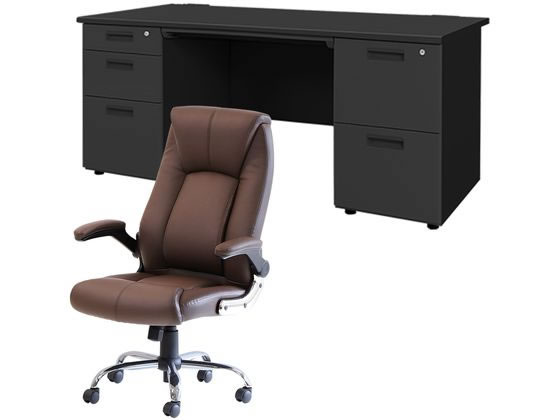 Netforce デスクチェアセット 両袖机W1600mm 天板 BK チェア BRの通販は