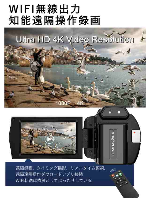 1年保証付き ビデオカメラ 4K 4800万画素 16倍デジタルズーム Wifi機能