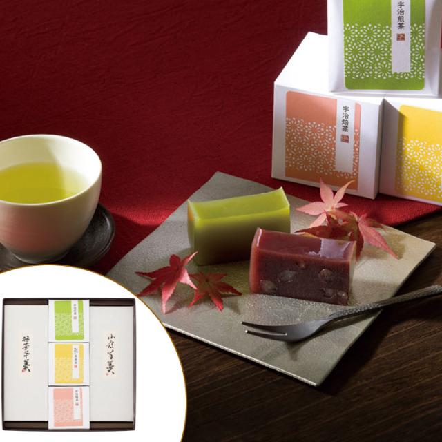 お歳暮 絹ごし羊かん(抹茶・小倉)2本・宇治茶セット【AP】 御歳暮 冬ギフト 帰省 グルメ 人気 おすすめ ギフト 贈答 取り寄せ お取り寄せグルメ 谷常製菓 絹ごし羊かん 宇治抹茶入玄米茶  宇治煎茶(3g×5袋×5袋)各1個 プレゼント 手土産 高級