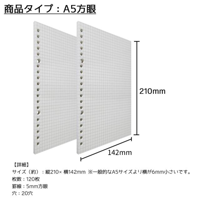 ☘️ SALE☘️A5 17穴方眼100枚)5ミリ幅 送料無料 1000円 ルーズリーフ A5 20穴 リフィル 120枚 罫線 U罫