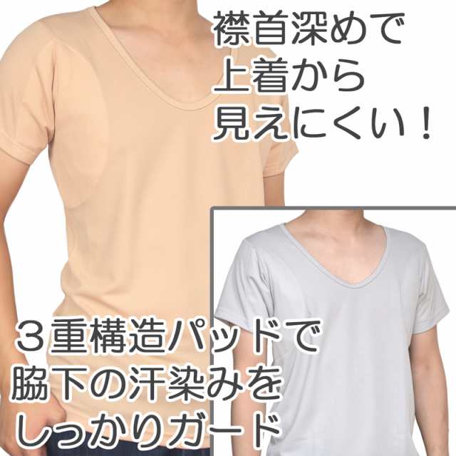 ワキ汗対策 インナー 深Ｖネック 脇汗パッド付きシャツ ２枚組 （マイクロキュービック）日本製 多汗症 メンズ 吸水速乾 汗染み対策 クールビズ