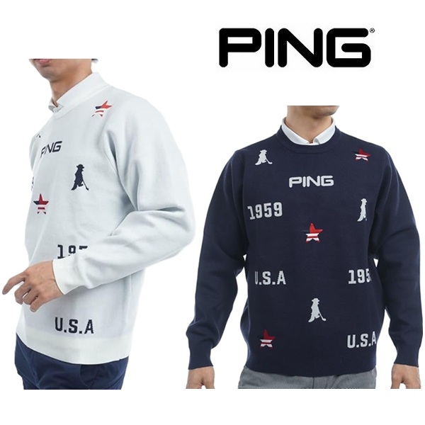 ピン ゴルフ メンズ USA柄 ジャカード クルーネック ニット PING 621-4270901