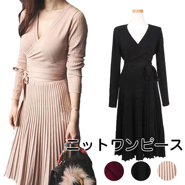 ニットワンピース レディース プリーツワンピース Vネック フレア ニットワンピース レディース プリーツワンピース Vネック フレア