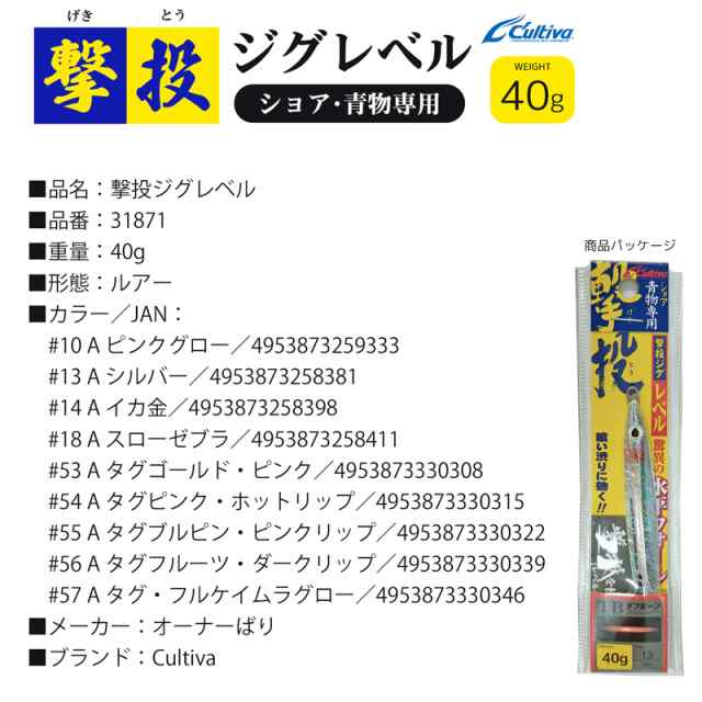 Cultiva 撃投ジグレベル 湾岸ゼブラ 40g - アングラーズ