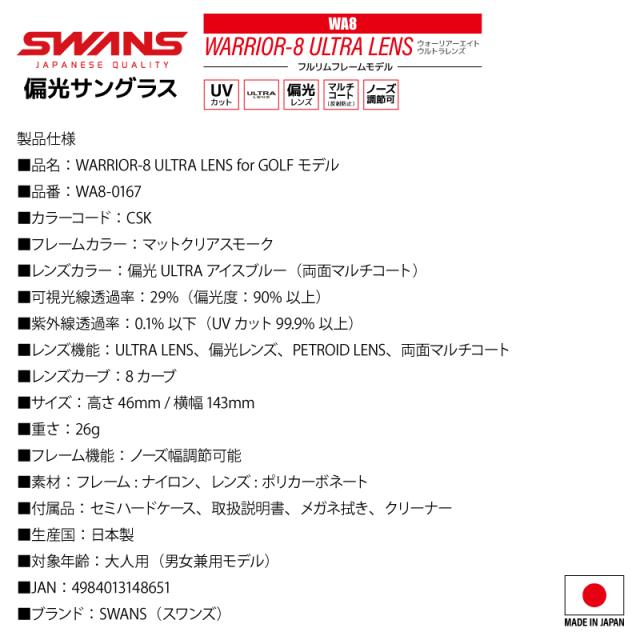 偏光サングラス WARRIOR-8 WA8 釣り ULTRA LENS フルリムフレーム 0167 or 0168 UVカット ゴルフ フィッシング スワンズ 専用ケース+メガネ拭き付_6