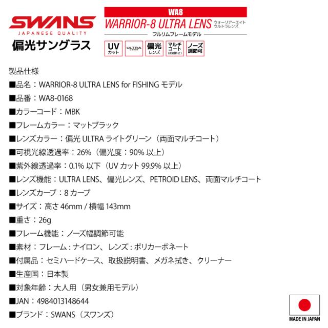 偏光サングラス WARRIOR-8 WA8 釣り ULTRA LENS フルリムフレーム 0167 or 0168 UVカット ゴルフ フィッシング スワンズ 専用ケース+メガネ拭き付_12