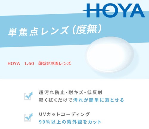 単焦点レンズ 度なし HOYA ホヤ 1.60 薄型非球面レンズ セルックス