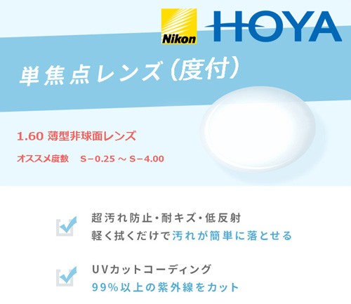 単焦点レンズ(度付) NIKON HOYA 1.60 薄型非球面レンズ ニコン ホヤ