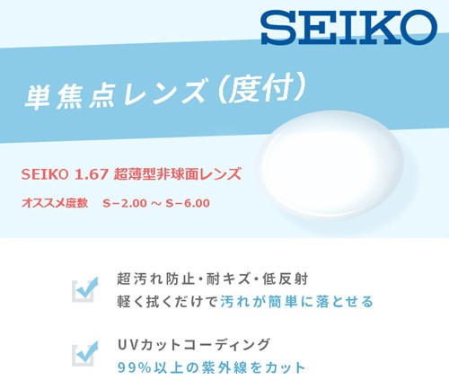 単焦点レンズ 度付 SEIKO 1.67 超薄型非球面レンズ (オススメ度数 S