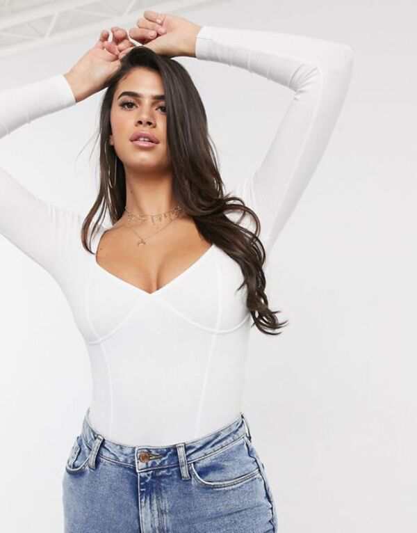 エイソス レディース シャツ トップス ASOS DESIGN rib bodysuit with bust seams and long sleeve in white White