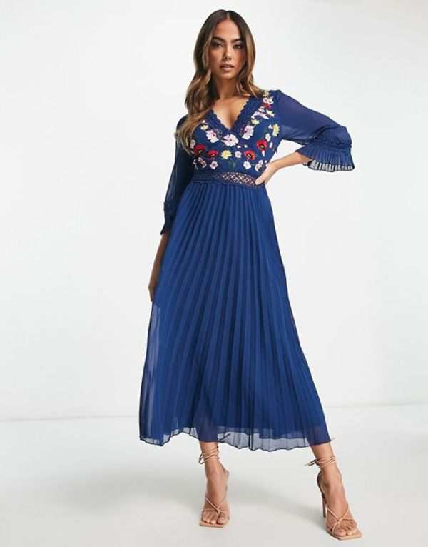 エイソス レディース ワンピース トップス ASOS DESIGN lace insert pleated midi dress with embroidery in navy Navyの通販は 7,965円