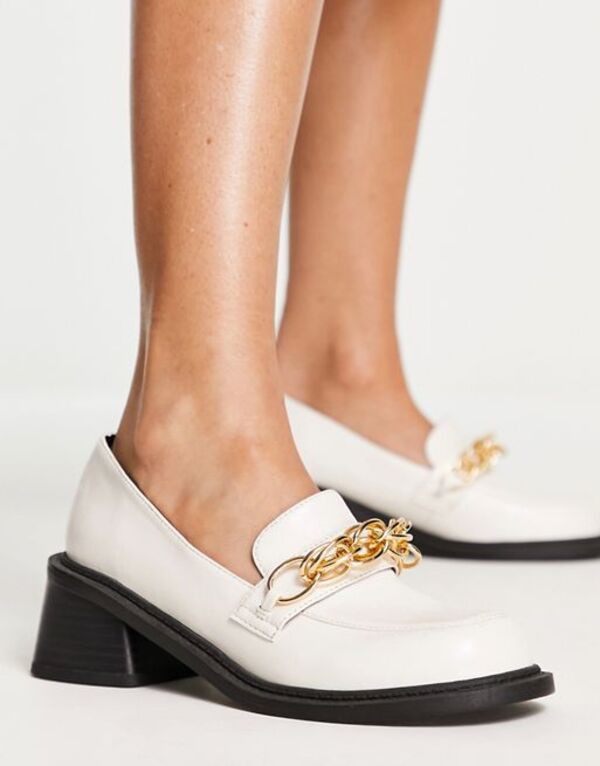 エイソス レディース スリッポン・ローファー シューズ ASOS DESIGN Sergio mid heeled loafers with chain in off white Off-white