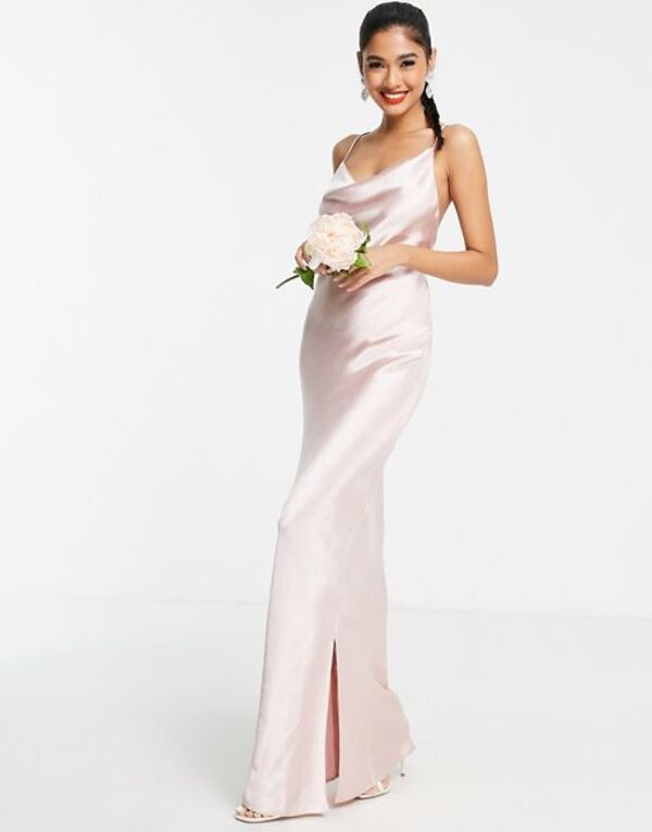 エイソス レディース ワンピース トップス ASOS DESIGN Bridesmaid cami maxi slip dress in hi-shine satin with lace up back in blush