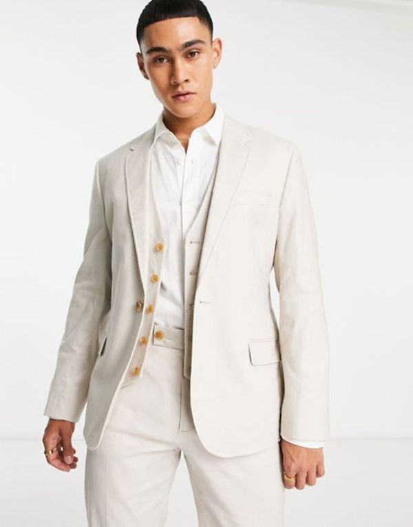 エイソス メンズ ジャケット・ブルゾン アウター ASOS DESIGN slim linen mix suit jacket in stone STONE