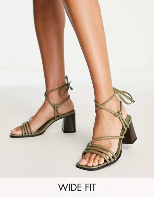 エイソス レディース サンダル シューズ ASOS DESIGN Wide Fit Hollow strappy tie leg mid heeled sandals in green SAGE GREEN