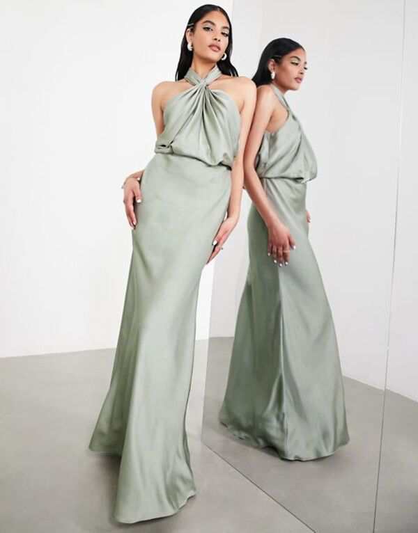 エイソス レディース ワンピース トップス ASOS DESIGN Bridesmaid satin ruched halter neck maxi dress in sage green Sage Green