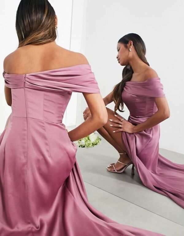 エイソス レディース ワンピース トップス ASOS DESIGN Bridesmaid satin bardot drape wrap maxi dress in orchid Orchid