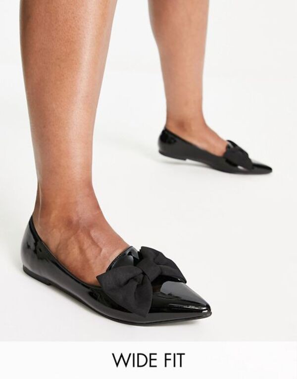 エイソス レディース パンプス シューズ ASOS DESIGN Wide Fit Lake bow pointed ballet flats in black Black patent