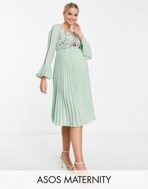 エイソス レディース ワンピース トップス ASOS DESIGN Maternity embroidered pleated midi dress in sage SAGEの通販は