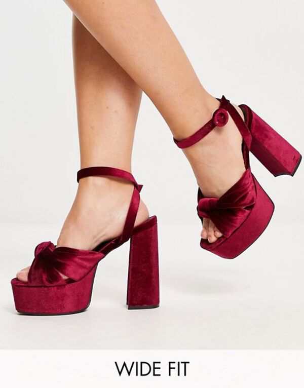 エイソス レディース サンダル シューズ ASOS DESIGN Wide Fit Natia knotted platform heeled sandals in burgundy BURGUNDY VELVET