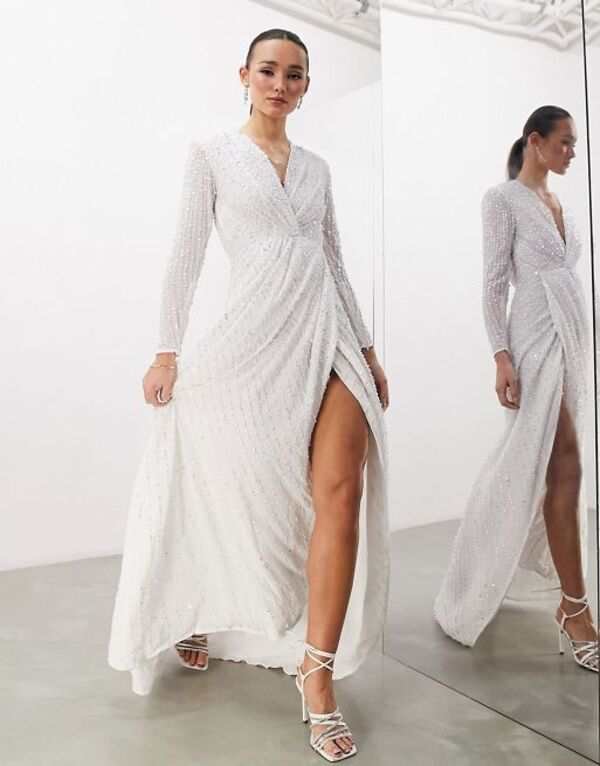 エイソス レディース ワンピース トップス ASOS DESIGN Alexa sequin long sleeve wrap wedding dress in white Whiteの通販は