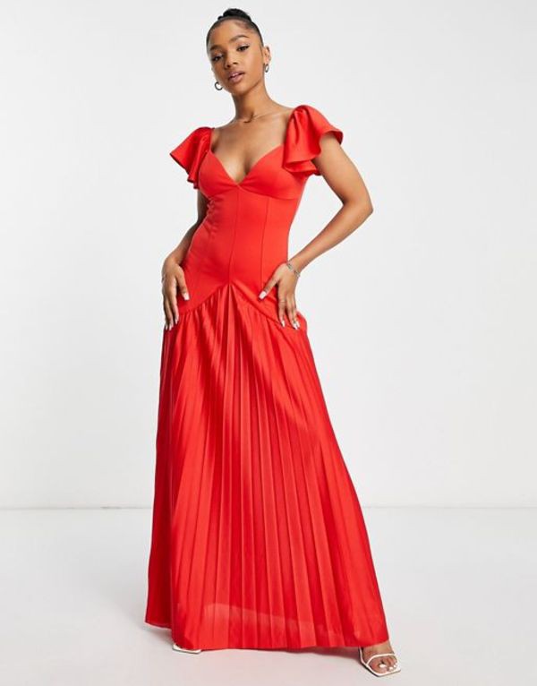 エイソス レディース ワンピース トップス ASOS DESIGN ruffle sleeve seamed pleated maxi dress in red Fiery red