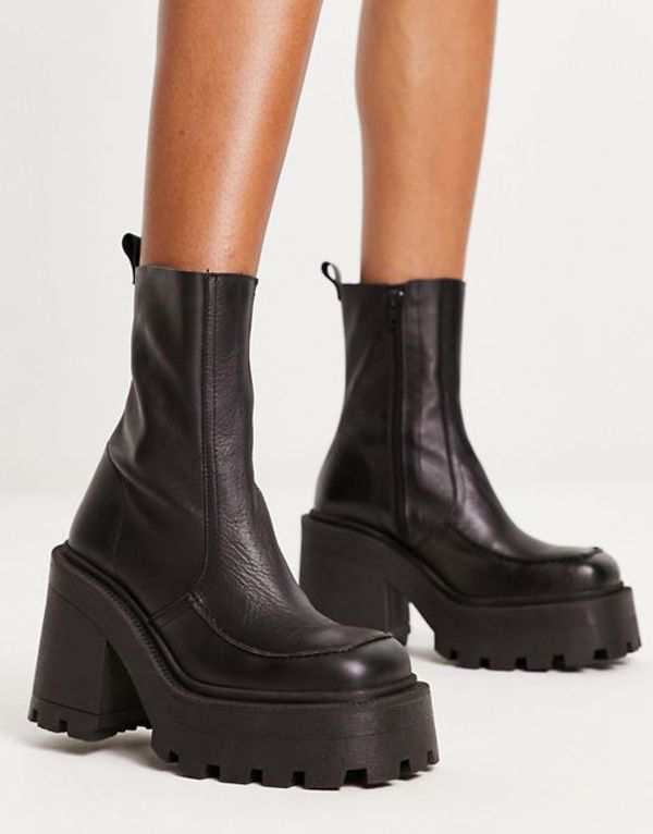 エイソス レディース ブーツ・レインブーツ シューズ ASOS DESIGN Rider premium leather chunky heeled boots in black BLACK LEATHER