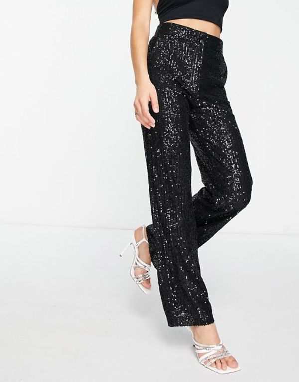 エイソス レディース カジュアルパンツ ボトムス ASOS DESIGN straight sequin ankle grazer pants in black Black