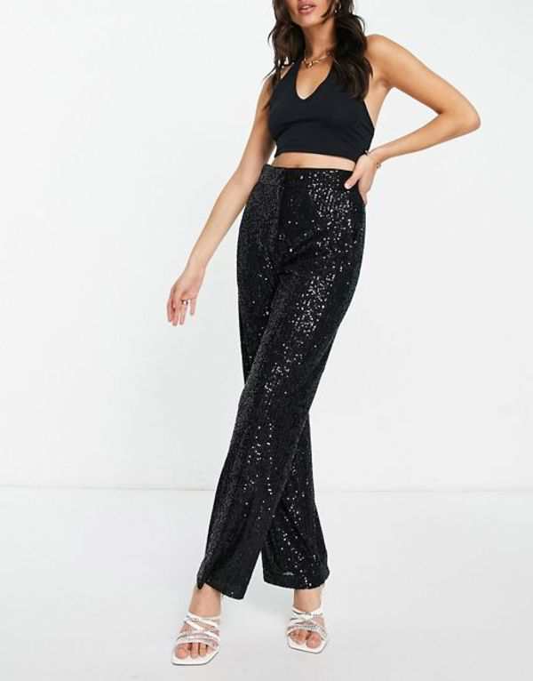 エイソス レディース カジュアルパンツ ボトムス ASOS DESIGN straight sequin ankle grazer pants in black Black