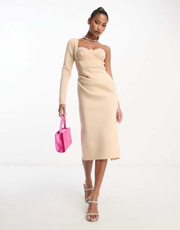 エイソス レディース ワンピース トップス ASOS DESIGN one shoulder corset midi pencil dress in stone Stoneの通販は