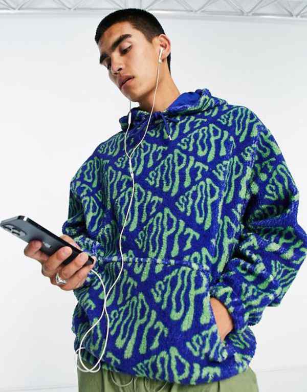 エイソス メンズ パーカー・スウェット アウター ASOS DESIGN oversized hoodie in all over text  print in green & blue Multi｜au PAY マーケット