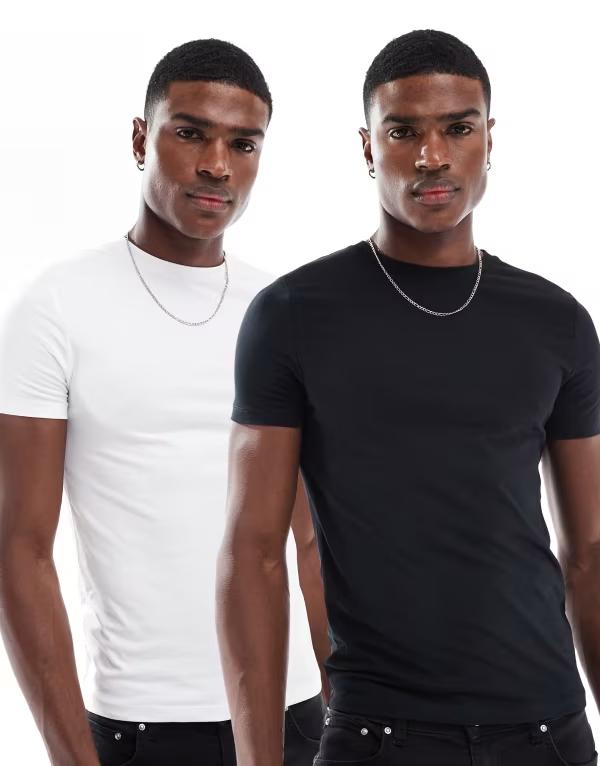 エイソス メンズ Tシャツ トップス ASOS DESIGN 2 pack muscle fit t-shirt with crew neck in black and white Black/whiteの通販は 6,208円