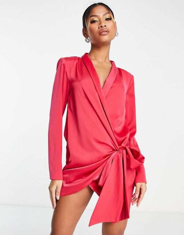 エイソス レディース ワンピース トップス ASOS DESIGN satin tie side long sleeve mini dress with collar in hot pink Hot Pinkの通販は