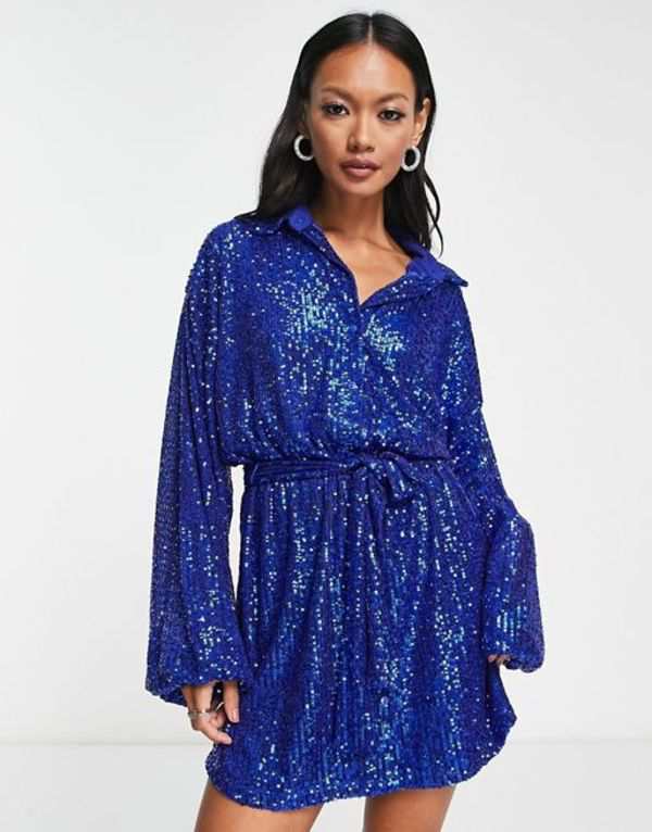 エイソス レディース ワンピース トップス ASOS DESIGN oversized sequin mini shirt dress with belt in blue Blueの通販は