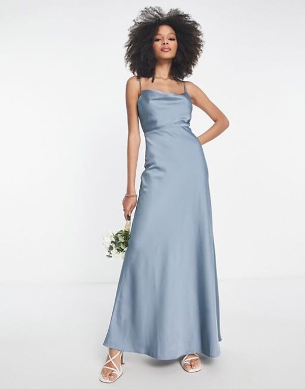 エイソス レディース ワンピース トップス ASOS DESIGN Bridesmaid satin cowl neck maxi dress with full skirt in dusky blue Dusky Bl