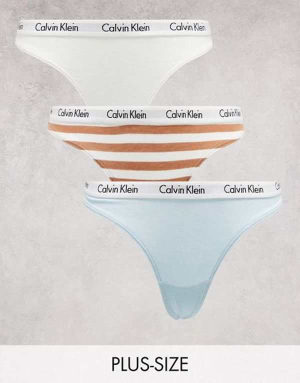 Calvin Klein Plus Size Carousel logo thong 3 pack in blue, white