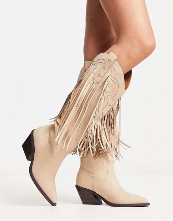 エイソス レディース ブーツ・レインブーツ シューズ ASOS DESIGN Comet fringe western knee boots in beige BEIGE