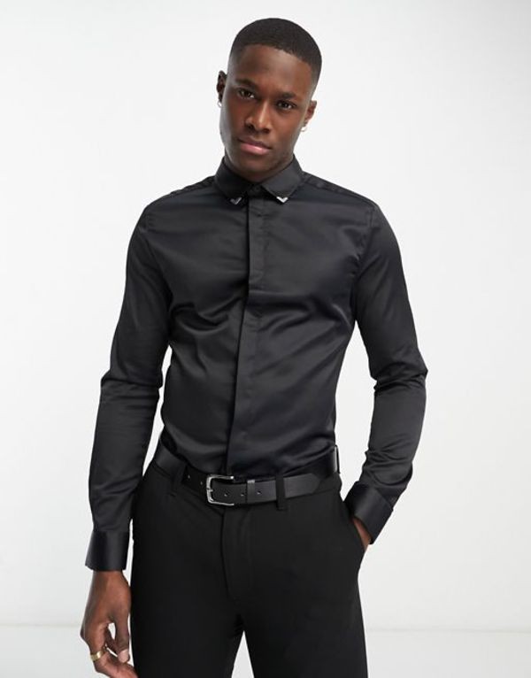 エイソス メンズ シャツ トップス ASOS DESIGN skinny fit satin shirt with metal collar tips  in black black｜au PAY マーケット