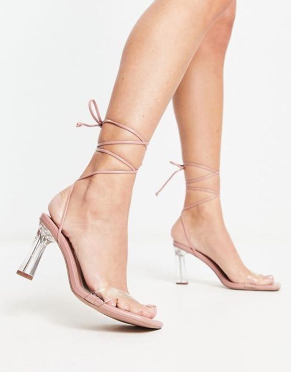 エイソス レディース サンダル シューズ ASOS DESIGN Helsy tie leg mid heeled sandals in clear and beige BEIGE