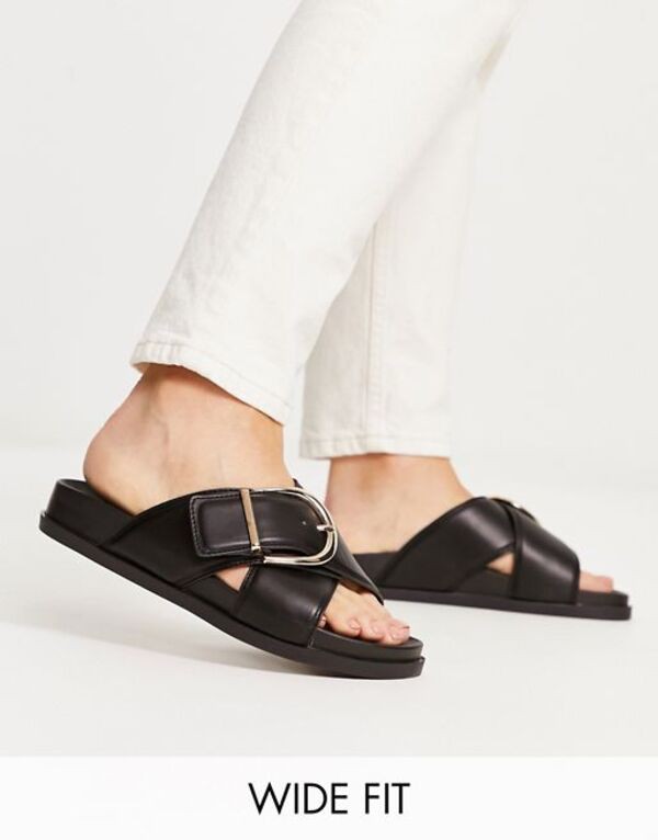 エイソス レディース サンダル シューズ ASOS DESIGN Wide Fit Flash buckle cross-vamp flat sandals in black - BLACK Black