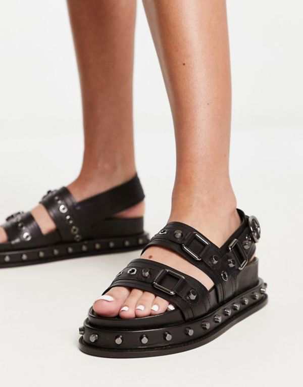 エイソス レディース サンダル シューズ ASOS DESIGN Focused leather studded flat sandals in black Black