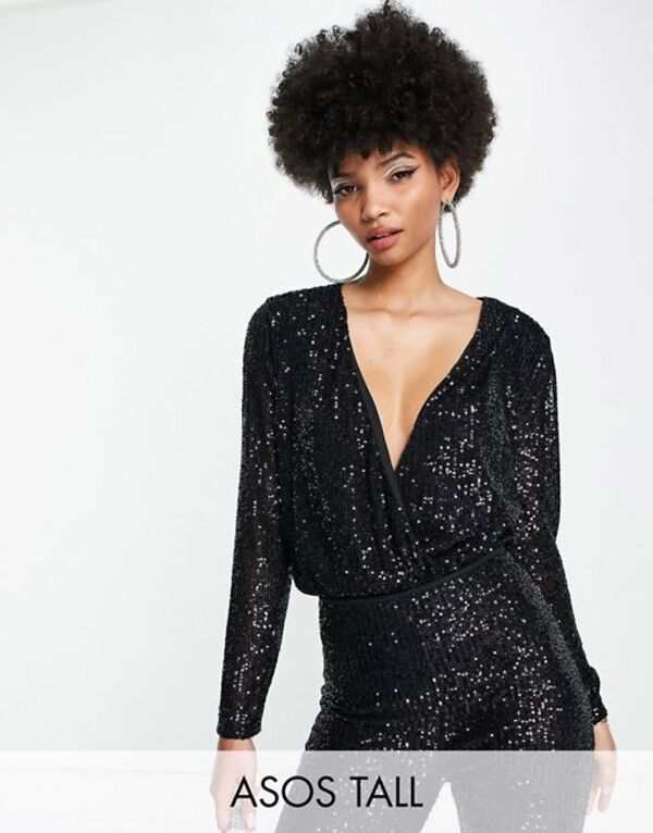 エイソス レディース シャツ トップス ASOS DESIGN Tall sequin wrap bodysuit in black Black